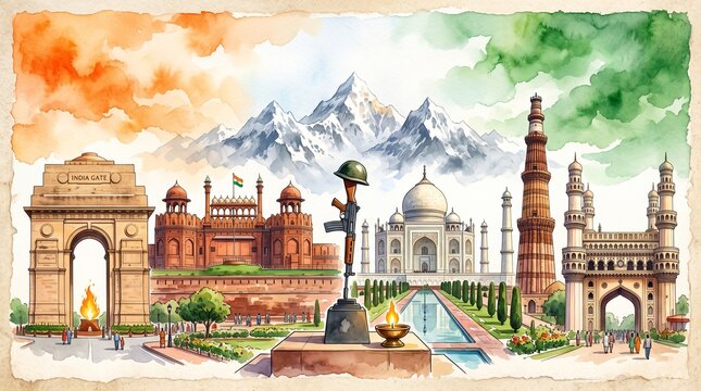 Kargil vijay diwas concept and indian monuments in water color in illustration.