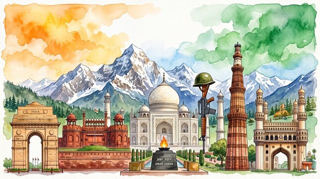Kargil vijay diwas concept and indian monuments in water color in illustration.