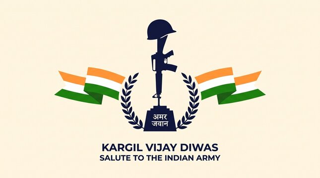 Kargil Vijay Diwas India Amar Jawan Jyoti Fallen Soldier Memorial with Waving Tricolor Ribbon Vector Illustration