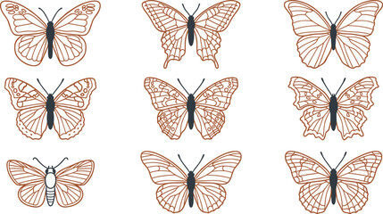 Butterfly Line Art Icon Set with Elegant Wing Patterns, Flying Insect Outline Collection, Decorative Nature Illustrations, and Editable Vector Design Elements © MstSuborna