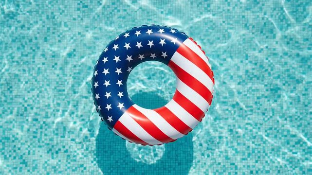American Flag Inflatable Ring Floating in a Sparkling Blue Swimming Pool on a Sunny Day, Patriotic Summer Fun
