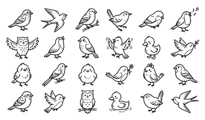Cute Hand Drawn Bird Doodle Collection Black Line Art Vector Set on White Background © Aktaruzzaman