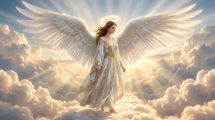 Majestic angel with radiant wings among sunlit clouds
