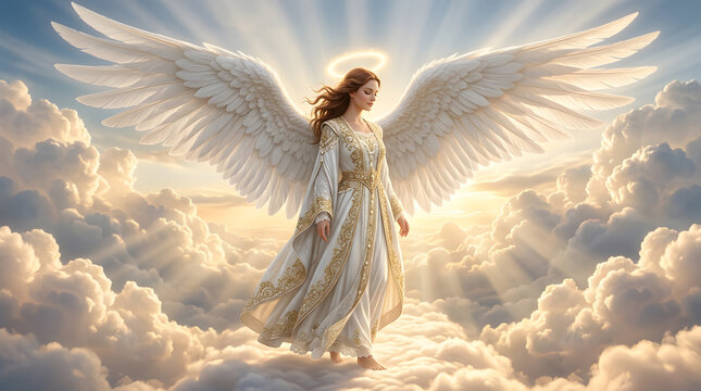 Majestic angel with radiant wings among sunlit clouds