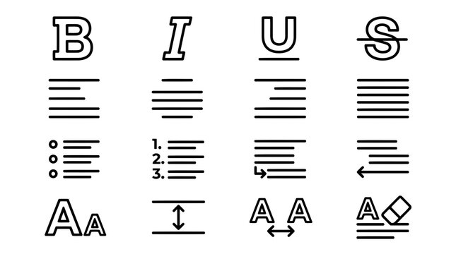 A comprehensive set of black line icons for text formatting and document editing in digital interfaces, representing common typography and layout tools for software applications.