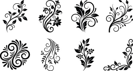 Elegant black ornamental floral vector silhouettes with decorative swirls, leaves, and vine motifs for design and illustration © It's Bishaaaaaal