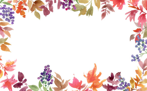 Hand painted Watercolor colorful Autumn leaves and berries vector background. Autumn botanical frame.