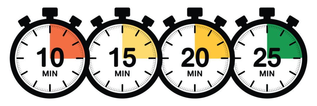 Stopwatch timer multiple style icon, ten fifteen twenty and twenty five minutes for time management