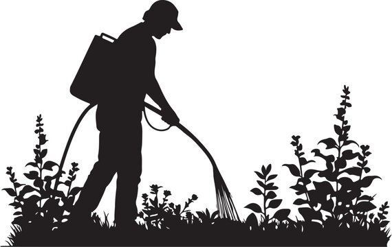 Silhouette of a person spraying plants with a backpack worker