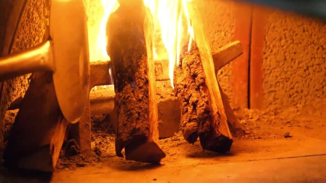 close-up shot of burning logs inside a rustic brick oven, highlighting the glowing embers and dancing orange flames. Perfect for representing authentic artisan cooking, traditional Italian culinary te