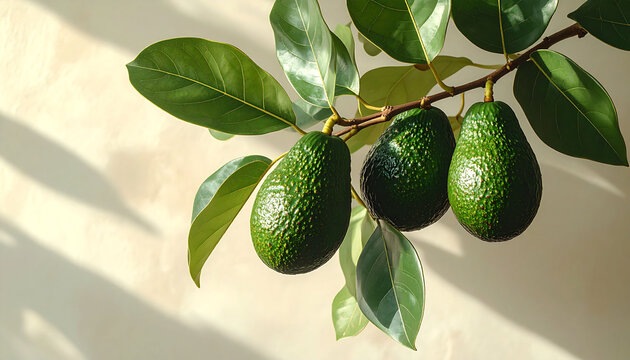 Three ripe green avocados hanging from a leafy branch against a light wall with dappled sunlight.