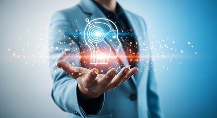 Fototapeta premium Businessman holding virtual ai robot head icon