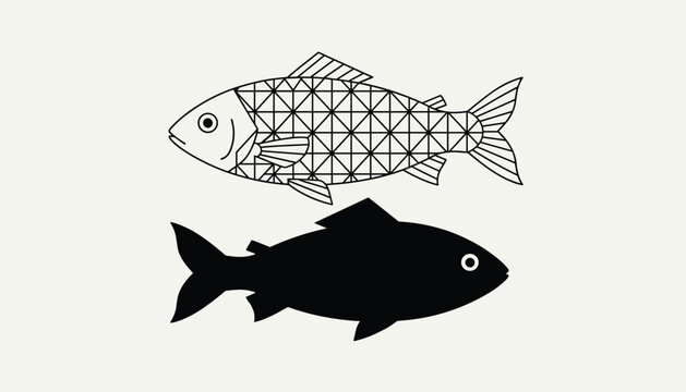 Fish illustration with one top version showing a geometric line grid pattern and a solid black silhouette below.