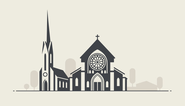 Cathedral facade illustration in dark grey showcasing gothic architecture with a tall spire and a round rose window.