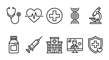 Fototapeta premium Healthcare technology and medical research outline icons set.
