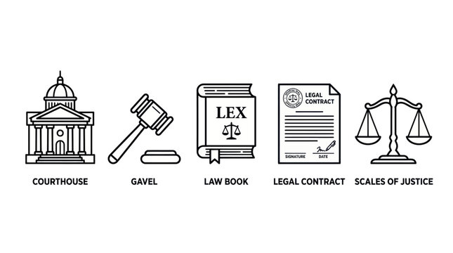 Legal and justice system outline icon collection.