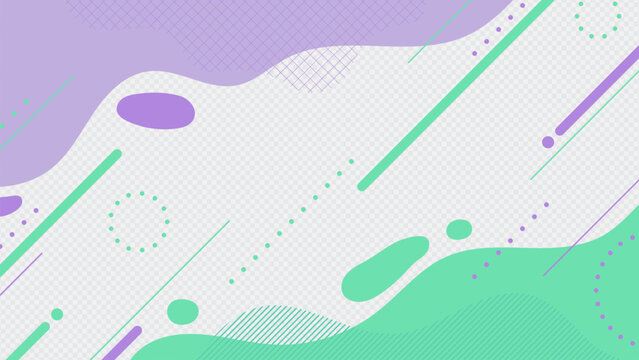 Mint and Purple Abstract Memphis Background with Fluid Shapes and Geometric Lines