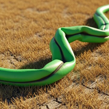 A bright green garden hose lies limp and distorted on parched grass during an extreme summer heatwave, showing signs of thermal softening, heatwave, burning, close-up