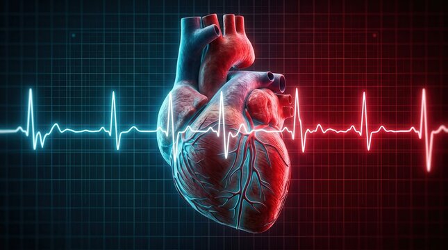 Anatomical illustration of atrial fibrillation and irregular heart rhythm on an ECG monitor.