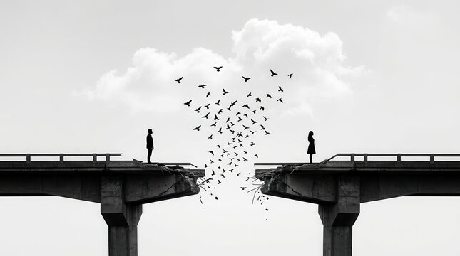 A man and a woman facing each other across a broken bridge symbolizing divorce and separation.