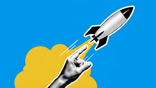 Vintage style drawing of hand igniting space rocket launch with ignition