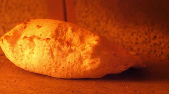 close-up shot of fresh artisan pizza dough rising and puffing up rapidly inside a hot, traditional wood-fired brick oven. The footage captures the authentic Neapolitan baking process, showing the doug