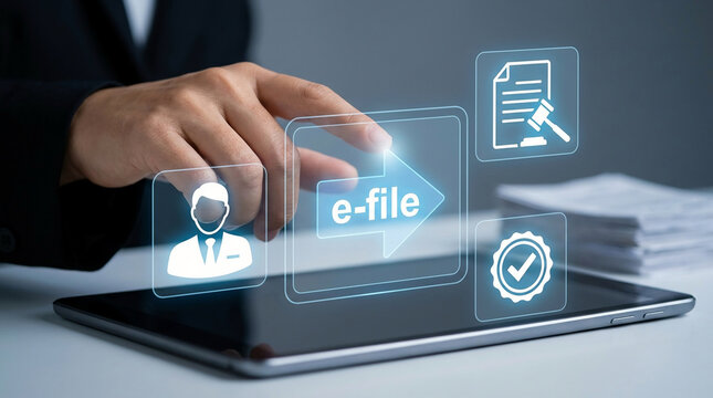 Businessman using tablet for electronic filing e-file system digital legal document management and online judicial processing services