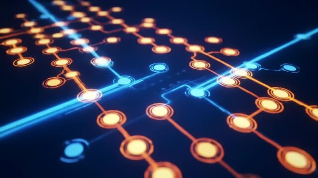 Abstract digital network circuitry illuminated pathways in dark blue