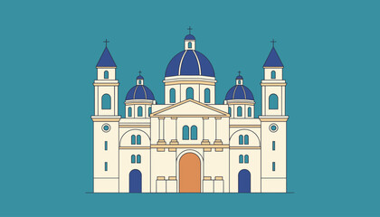 Fototapeta premium Cathedral religious building featuring elegant blue domes and grand classic architecture design on teal background.