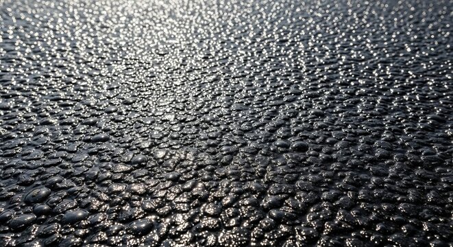 Close up of a bubbling asphalt road surface during a record heatwave. The black tar is melting, showing ripples and sticky textures in sun, maintenance, sizzle, infrastructure