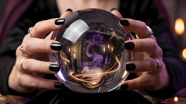 Fortune teller hands holding glowing purple crystal ball.