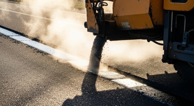 Close-up of heavy machinery filling long fissures in asphalt. Steam rises from fresh tar on a sun-drenched highway under bright light, transport, asphalt, machinery