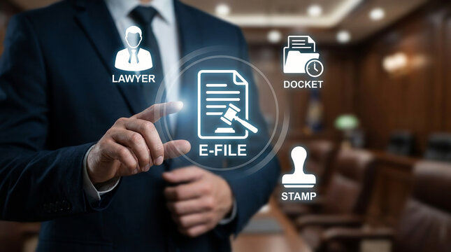 Professional lawyer using digital E-file system and electronic docket management interface in a modern courtroom setting for legal automation.