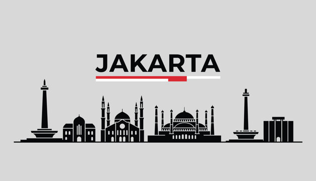 Jakarta travel destination poster featuring its iconic national monument and beautiful mosque silhouettes on grey.