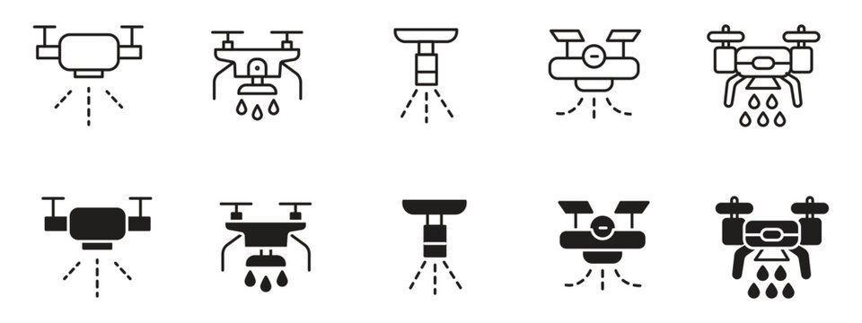 Drone Sprayer Icon Set, Autonomous Agritech Crop Dusting and Smart Farming Vector Symbols