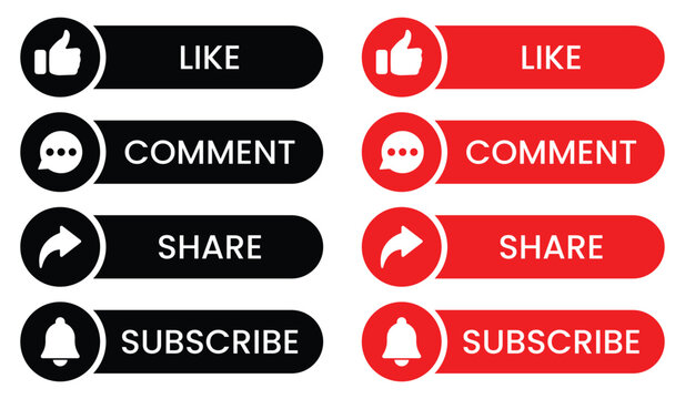 Like, Comment, Share, and Subscribe button vector icon set. Collection of event icons indicating Like, Comment, Share, and Subscribe button. Vector illustration.