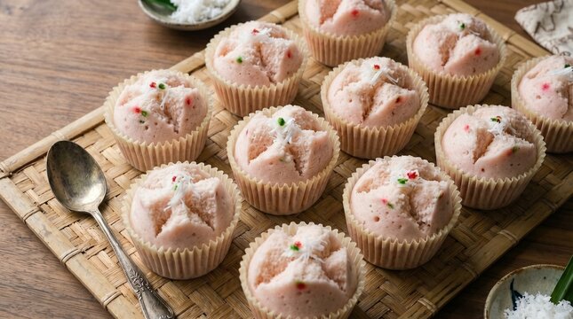 Traditional Indonesian pink steamed sweet rice cakes, kue apem kukus or kue mangkok, served in paper baking cups on a woven bamboo tray topped with grated coconut.