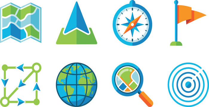 Map navigation and location tracking icons set featuring folded map compass globe and digital gps pointers