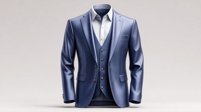 Elegant blue three-piece suit with white shirt and vest, perfect for formal occasions