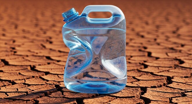 A plastic water jug sits on cracked desert earth, its sides warped and concave from extreme heat and pressure during a long journey, pressure, hot, climate
