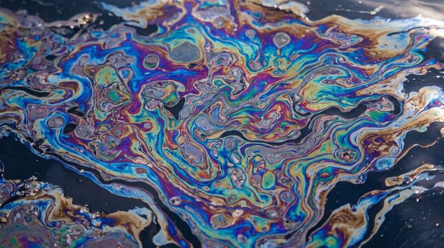 A colorful oil spill on water surface creates a swirling pattern of blue, green, purple, and gold hues in a natural environment.