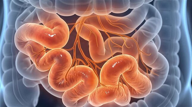 3D medical animation of glowing small intestine with mesentery blood vessels inside transparent blue human body showing digestive anatomy on dark background