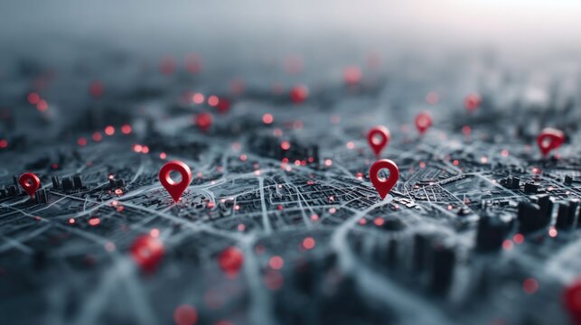 Abstract digital map with glowing red location pins and city lights