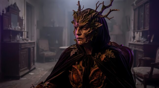 Fantasy forest queen character in dark dramatic interior.
