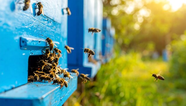 Close-up of blue wooden hive boxes with many bees flying in and out, with sunlight in the background