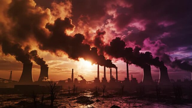 Industrial factory emits thick smoke into a dramatic sky over a desolate, polluted landscape at sunset.