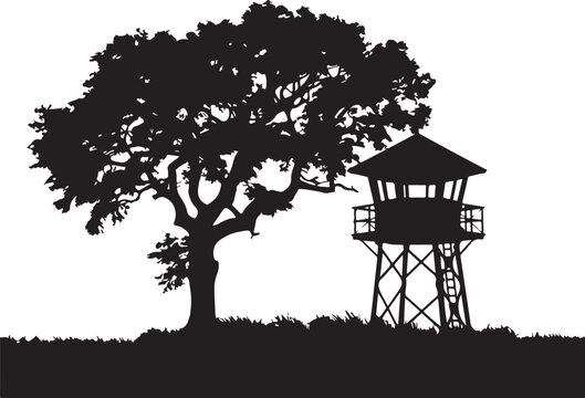 Silhouette of tree and elevated lookout tower with black