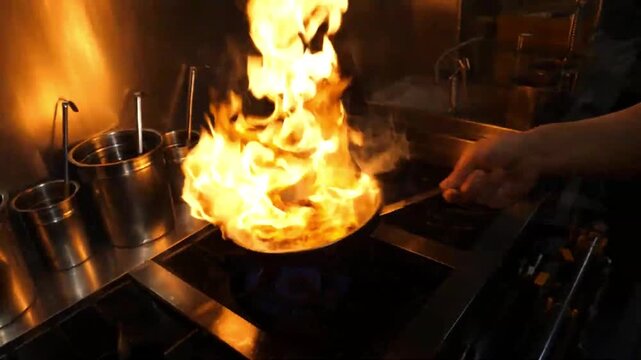 close-up shot of a professional chef skillfully tossing ingredients in a frying pan over an intense blue and orange gas flame. The dramatic flamb&eacute; technique creates high flames, capturing the energy, 