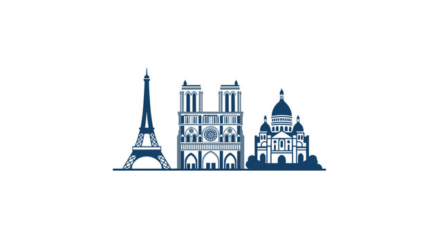 Silhouette design of famous historical monuments in Paris including the Eiffel tower Notre Dame and Sacre Coeur.