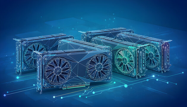Multiple high performance graphics processing units arranged on a digital blue background.